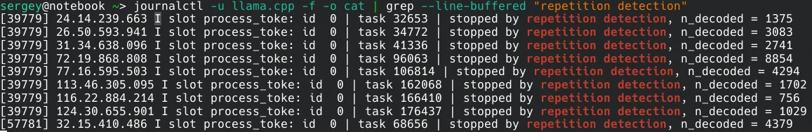 Terminal log showing multiple llama.cpp requests stopped by repetition detection with decoded token counts